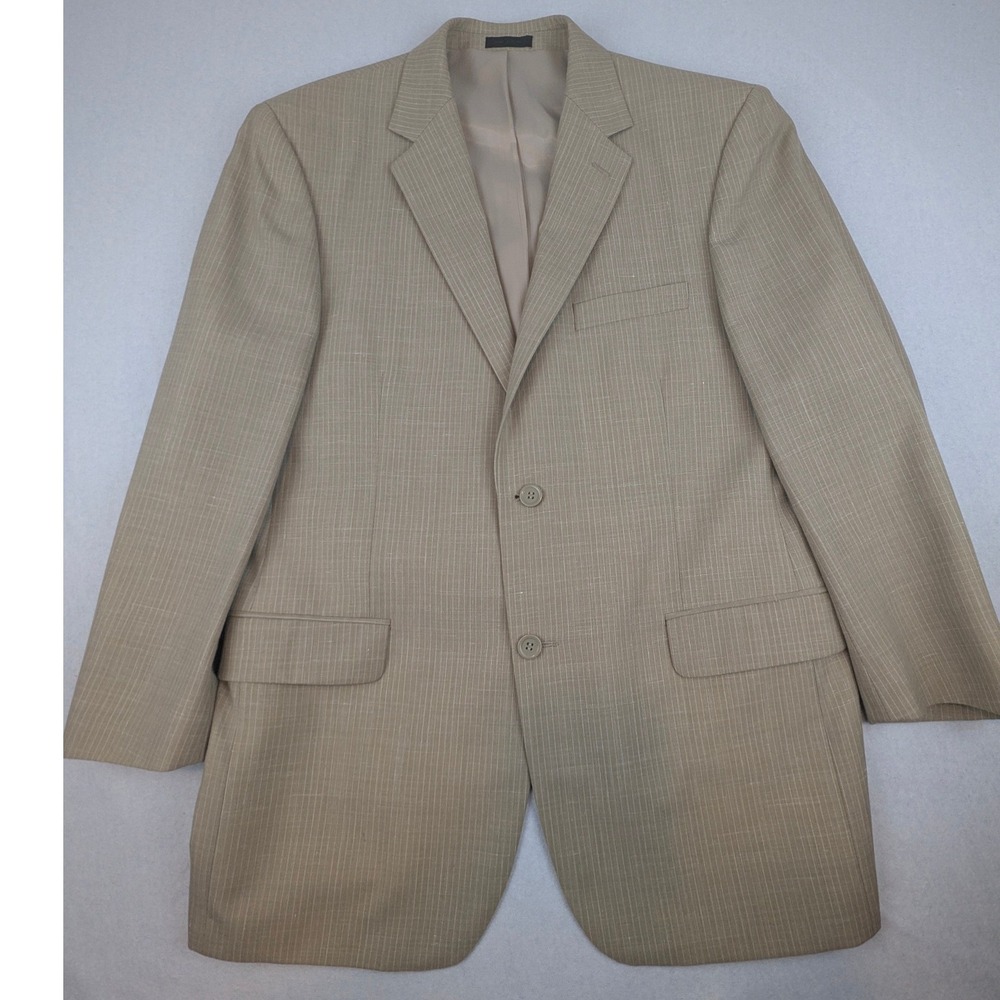 Andrew Fezza Mens Tan Pinstripe Two Button Blazer Sport Coat Regular Fit 40R